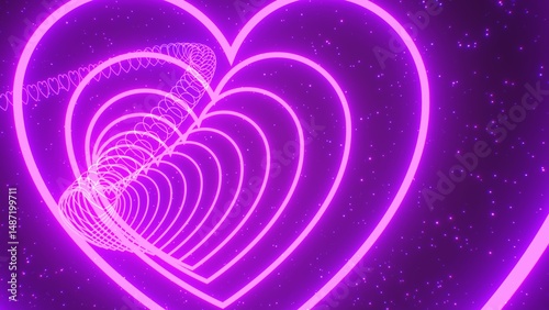 Slowly Moving Through Wavy Colorful Purple Pink Neon Heart 3D Tunnel - Abstract Background Texture