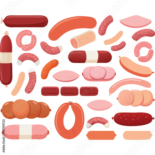 Sausage Vector Illustration Assorted Meat Food Collection Delicious