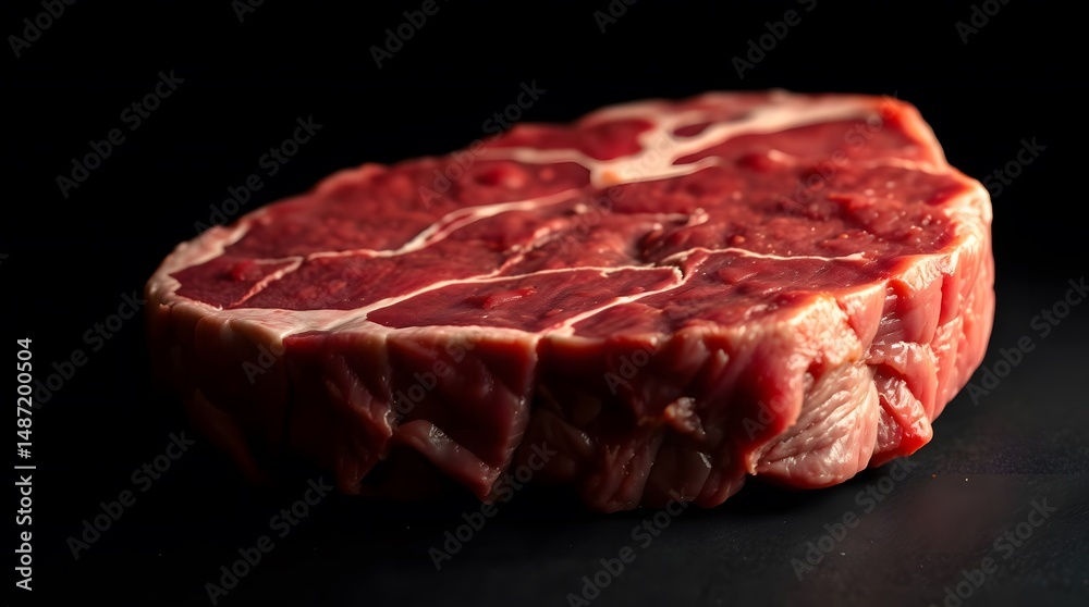 Fototapeta premium Close-Up Raw Beef Steak with Marbling Texture on Dark Background – Fresh Uncooked Ribeye Cut for Culinary and Butchery Stock Photography