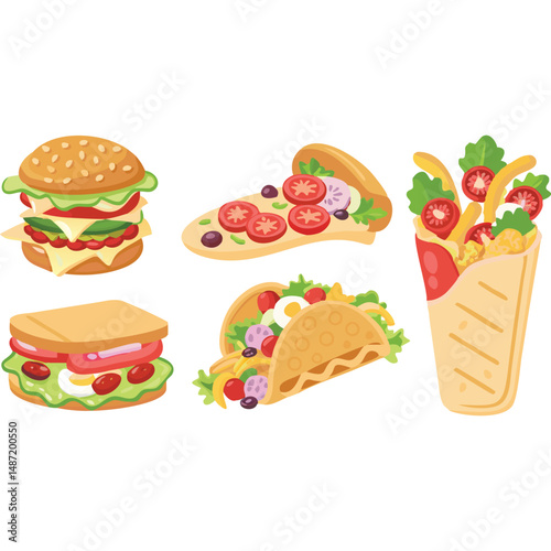 Colorful Vector Fast Food Illustration Burger Pizza Taco and More