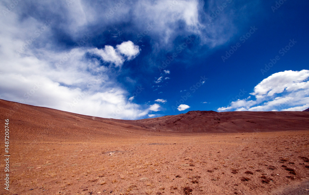 Fototapeta premium Sand dunes in Nubra valley in Himalayas. Hunder, Nubra valley, Ladakh