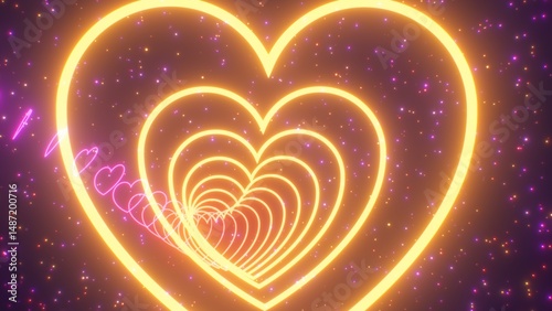 Slowly Travel Through Pink And Gold Endless Rainbow Heart 3D Tunnel - Abstract Background Texture