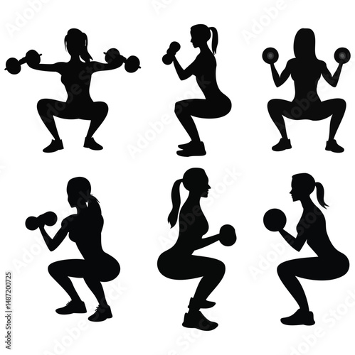 Women fitness workout dumbbell squats silhouettes
