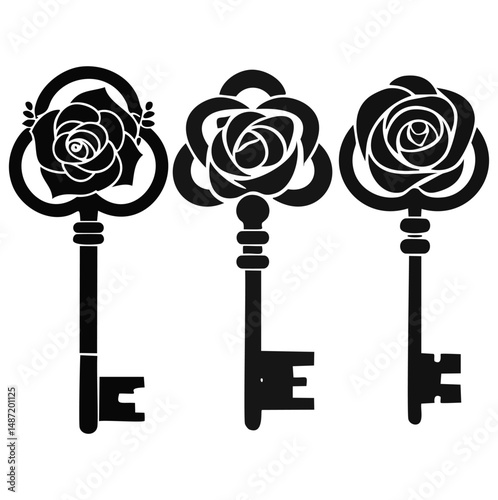 Three ornate rose keys vintage style design