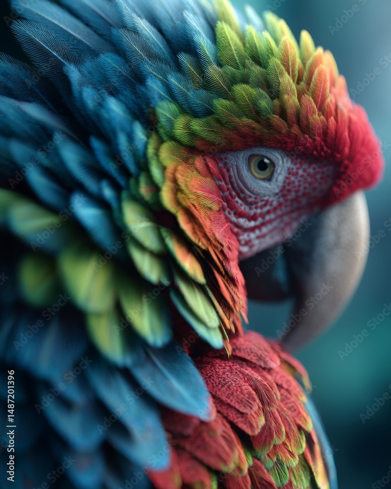 Obraz premium vivid close-up of a tropical parrot showing intricate colorful feathers, bright green, blue, and red tones