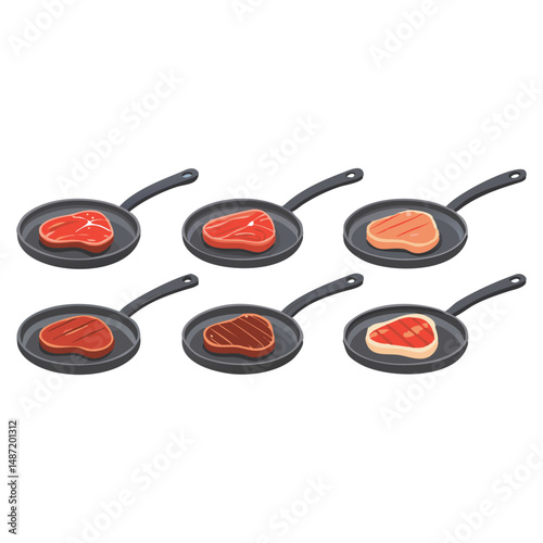 Isometric Steak Doneness Illustration Different Stages Cooking Frying Pans