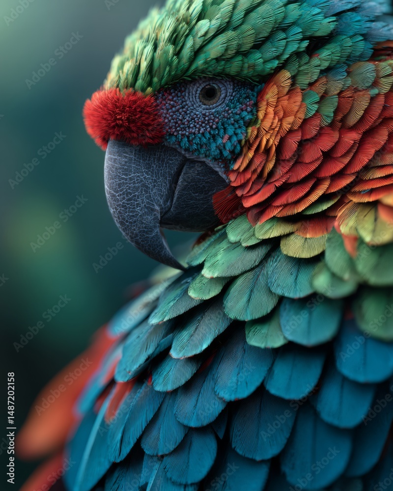Fototapeta premium vivid close-up of a tropical parrot showing intricate colorful feathers, bright green, blue, and red tones