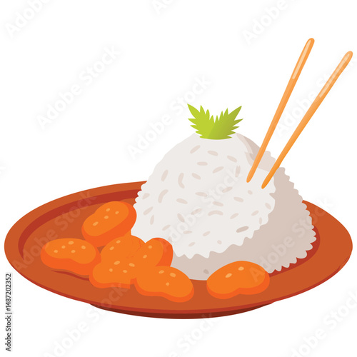 Cartoon Asian food rice nuggets chopsticks flat illustration style