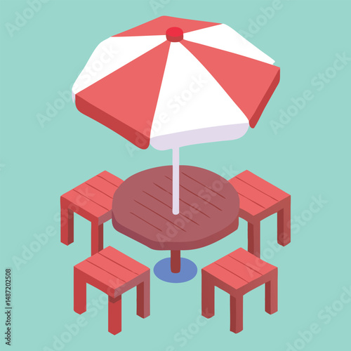 Isometric Outdoor Dining Set Illustration with Umbrella and Stools