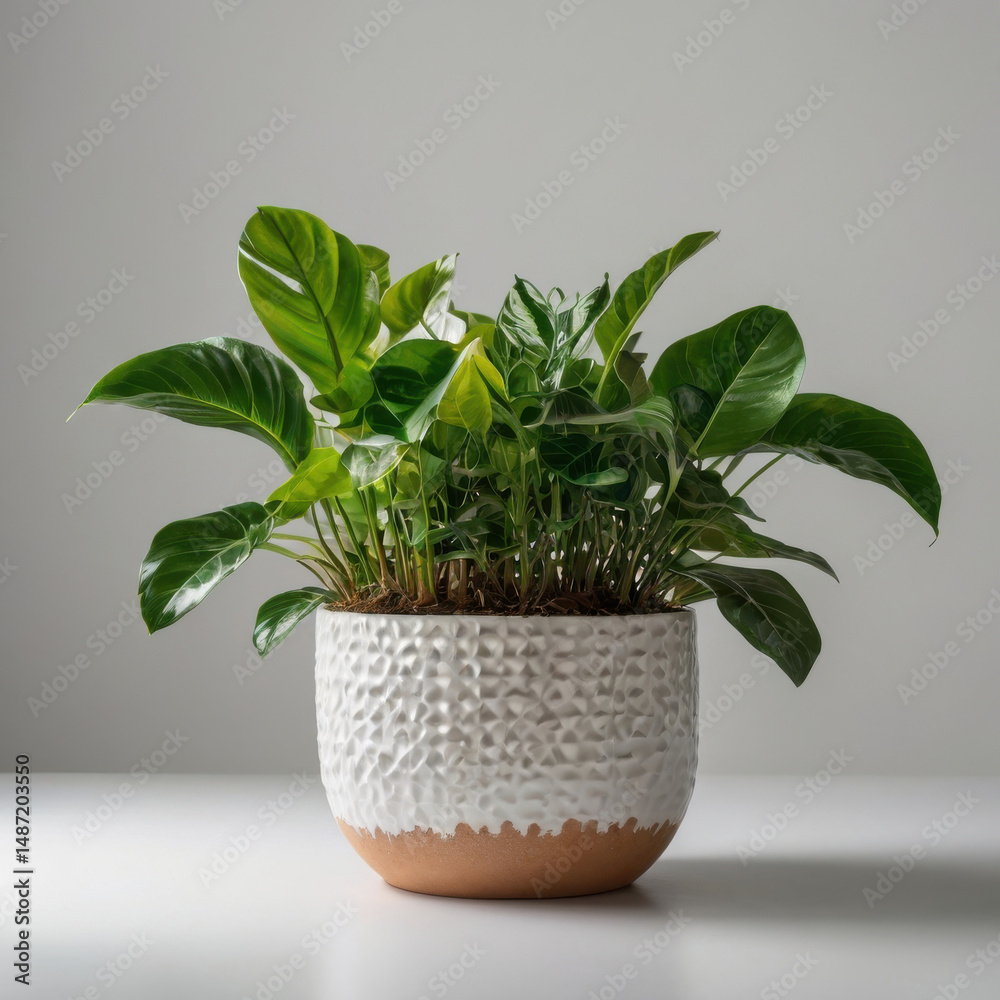 Fototapeta premium Green houseplant in a white decorative pot on a white surface against a gray background