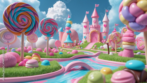 Whimsical Candyland 3D Landscape with Chocolate Rivers and Lollipop Trees