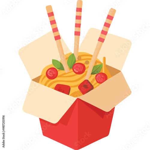 Asian Food Takeout Box Noodles Chopsticks Vector Illustration Design