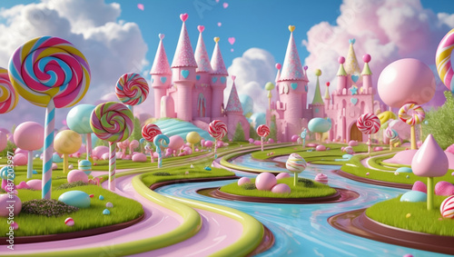 Whimsical Candyland 3D Landscape with Chocolate Rivers and Lollipop Trees