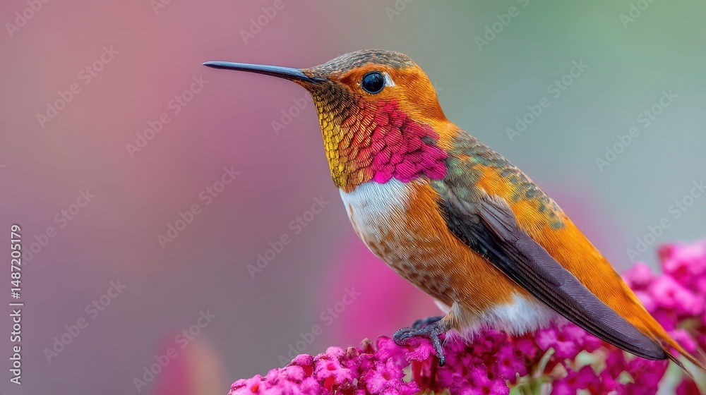 Fototapeta premium Vibrant Hummingbird Perched on Bright Pink Flowers in Soft Focus Background Capturing Nature's Beauty and Intricacies in a Colorful Display