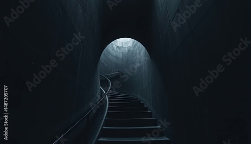 Dark modern stairs to light, ascending spiral staircase architecture