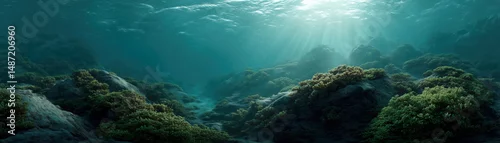 Obraz  z motywem Fake HDR 360 degree panorama of underwater landscapes a wide angle journey into ocean depths