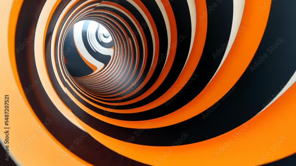 Abstract tunnel with swirling orange and black stripes.  A mesmerizing optical illusion effect creates a sense of depth and movement