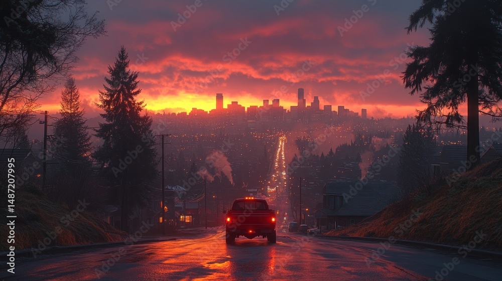 Fototapeta premium Scenic road trip at sunrise with a red pickup truck on a wet road, city skyline in the background.