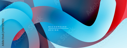 Abstract fluid shapes overlap. Blue, red hues dominate design. Smooth gradients create dynamic visual flow. Modern aesthetic.