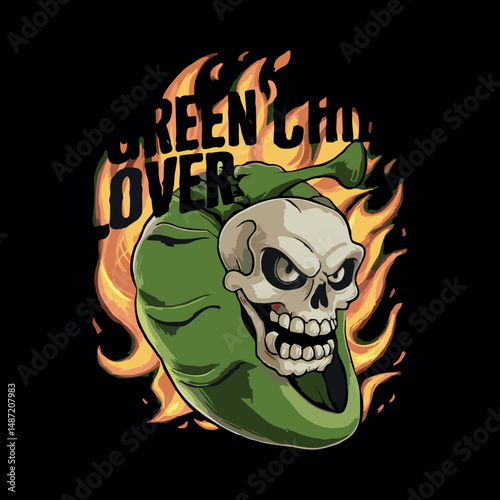 A fiery illustration featuring a green chili pepper morphing into a menacing skull with flames in the background. The text "GREEN CHILI LOVER" emphasizes a bold and spicy personality, blending humor w
