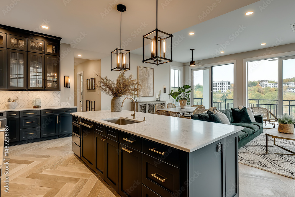 Fototapeta premium A modern country kitchen with an island, open plan to the living room, large windows overlooking green fields and trees. The color palette features soft neutral tones, with brass l