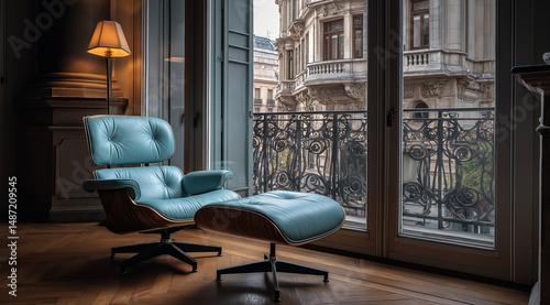 Photography of  lounge chair and ottoman in the corner, in front of large windows with a balcony on a city street, parquet floor, a lamp standing next to it, light blue lea