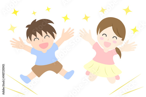 笑顔で両手を広げジャンプして喜ぶ男の子のと女の子のイラスト