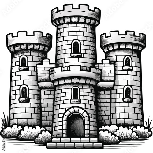 Black and White Illustration of a Medieval Castle
