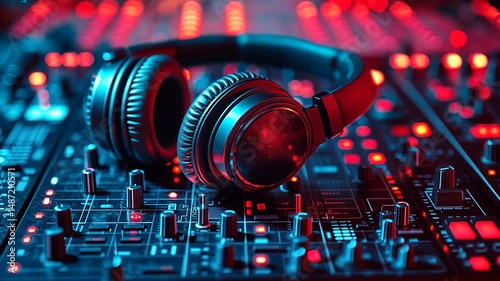 Futuristic Headphones on a Neon Music Mixer Surface