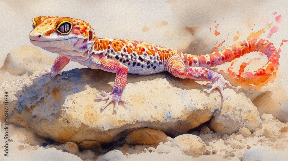 Naklejka premium Colorful gecko on a rock. Watercolor style