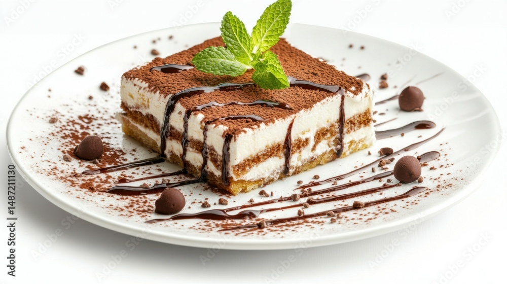 Delicious tiramisu dessert on a white plate garnished with mint leaves, cocoa powder, and drizzled chocolate sauce, isolated on white background. Delicious tiramisu dessert on a white plate garnished with mint leaves, cocoa powder, and drizzled chocolate sauce, isolated on white background.