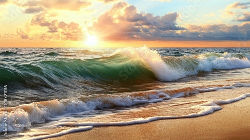 Ocean Wave Sunset Beach Scene