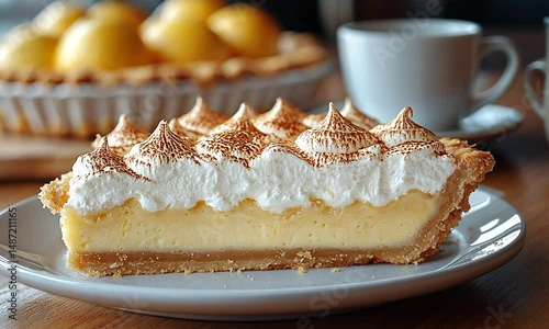 Delicious lemon meringue pie served on a plate with lemon fruits and coffee in the background