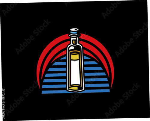 Olive oil bottle in modern stylized design with bold colors  