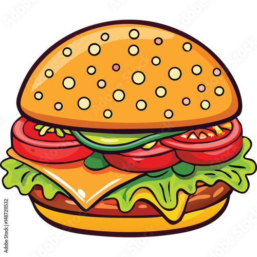 Colorful Cartoon Burger Illustration Delicious Food Vector Graphic