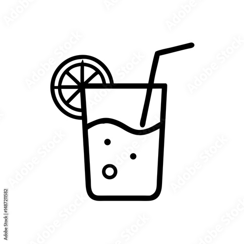 Refreshing lemonade drink with slice of lemon and straw in glass  