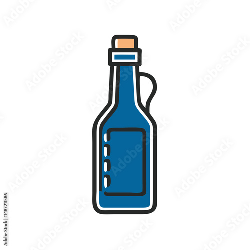 Olive oil bottle in blue color with cork stopper and label  