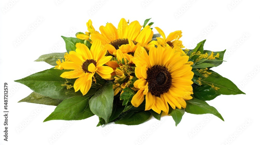 Obraz premium Vibrant sunflower bouquet with lush green leaves showcasing a cheerful arrangement perfect for any occasion or floral decoration