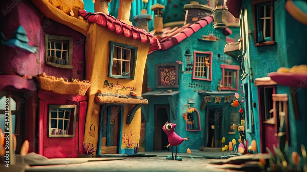 Fototapeta premium Whimsical clay town, creature explores colorful streets.