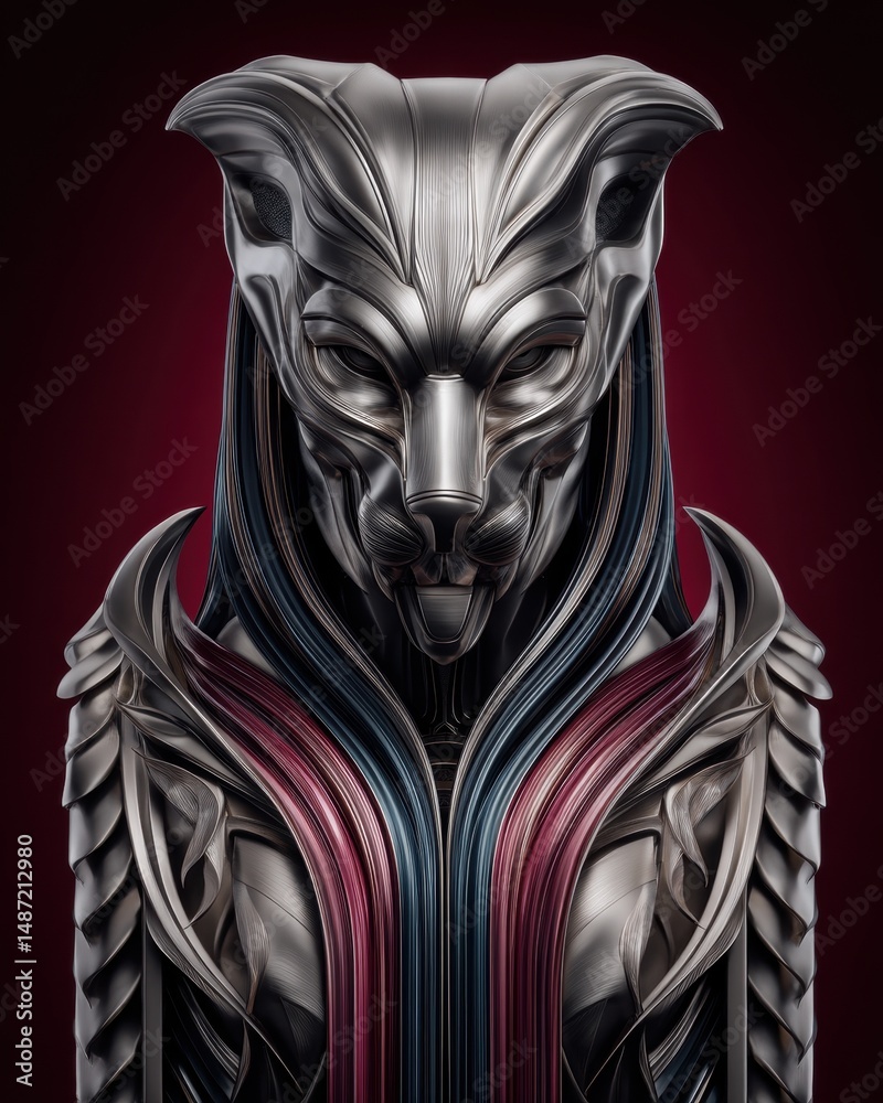 Naklejka premium Intricate Metallic Sculpture of a Panther with Flowing Lines and Dynamic Strands on a Dark Background