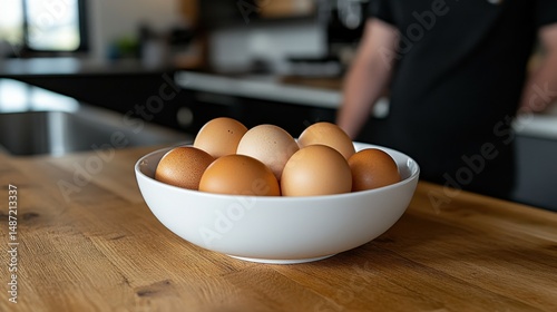 A bowl of fresh farm eggs placed on a rustic kitchen counter