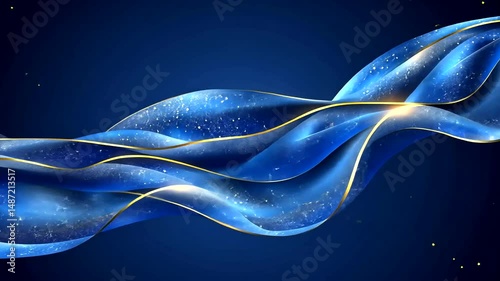 Blue Wave Background with Sparkles and Golden Lines