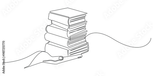 continuous one line drawing of hand carrying stack of books.concept of education,back to school drawn in one line vector