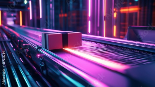 A package on a conveyor belt in an automated warehouse, illuminated by neon lights, representing advanced logistics technology.