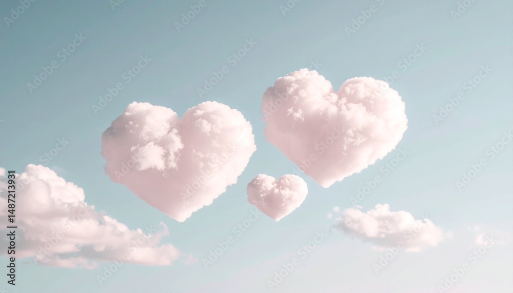 Heart-shaped clouds floating in the sky create a romantic atmosphere