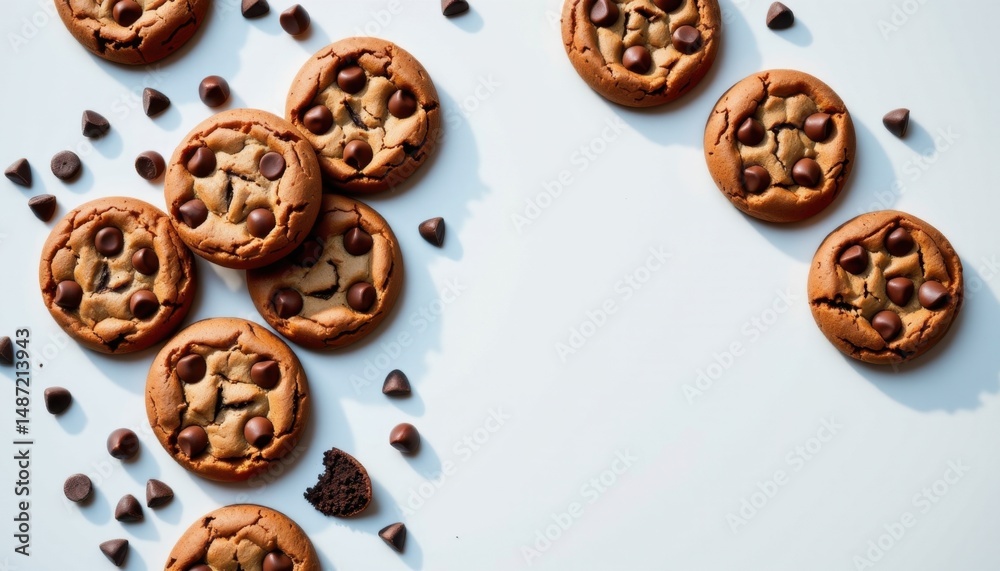 Fototapeta premium Close-up of delicious chocolate chip cookies scattered with chocolate chips on white background for snack or dessert concept