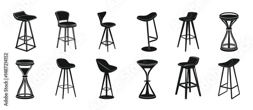 Set of various style modern bar stool silhouette isolated on white background.