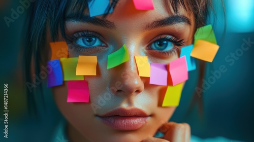 Mental load concept - female has post-it notes with social responcibilities on her face