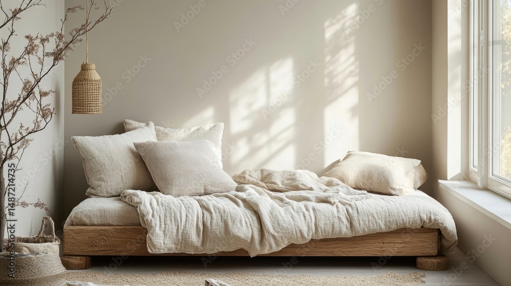 Fototapeta premium Guest bedroom with light wood daybed and soft bedding