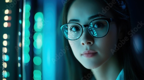 A female engineer in glasses is focused on a computer screen, working on nighttime cybersecurity maintenance and networking in a data center.